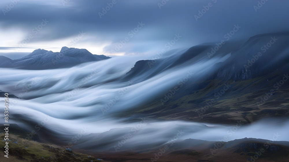 Dramatic Misty Mountain Landscape with Flowing Clouds in Long Exposure Dramatic Misty Mountain Landscape with Flowing Clouds in Long Exposure