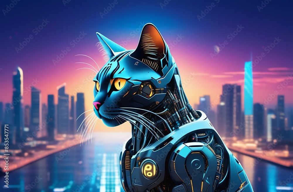 Fototapeta premium cyborg cat against the background of skyscrapers, robots, cyberpunk