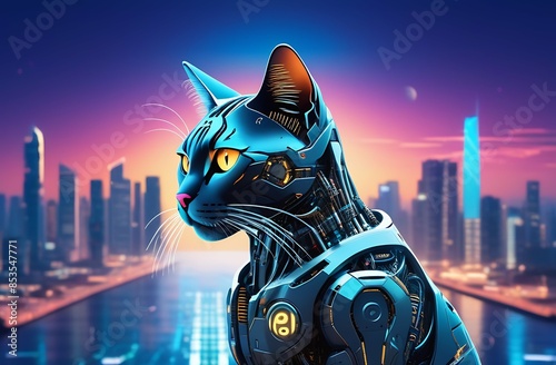 cyborg cat against the background of skyscrapers, robots, cyberpunk photo