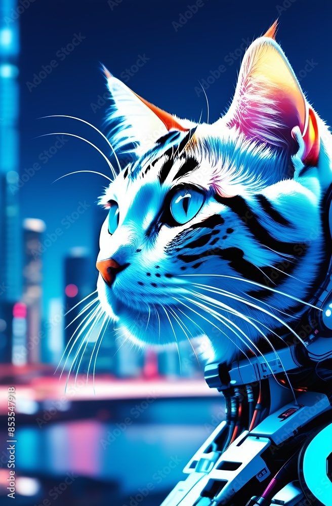 cyborg cat against the background of skyscrapers, robots, cyberpunk cyborg cat against the background of skyscrapers, robots, cyberpunk
