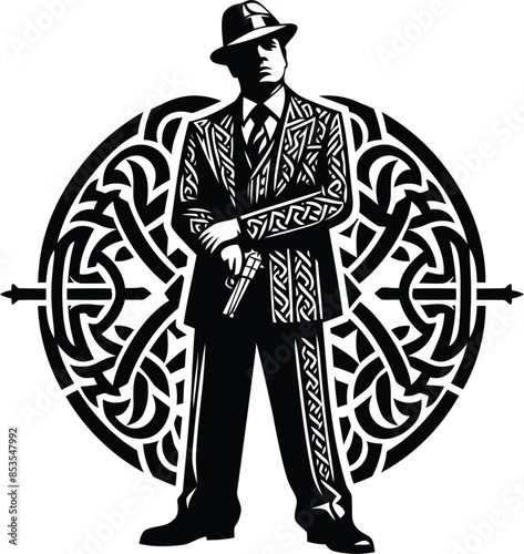 mafia in silhouete with celtic knot pattern illustration