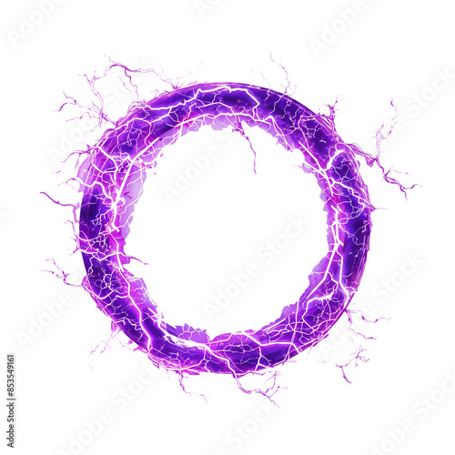 Glowing Electric Purple Lightning Circular Frame with Plasma Effect, Isolated on Transparent Background