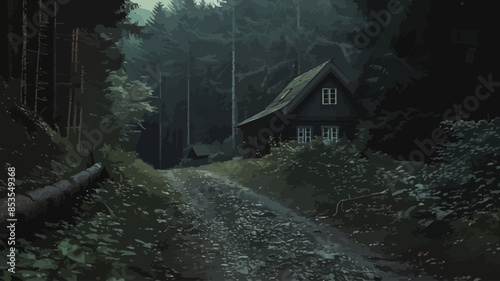 Dark Forest Path Leading to a Small Cabin