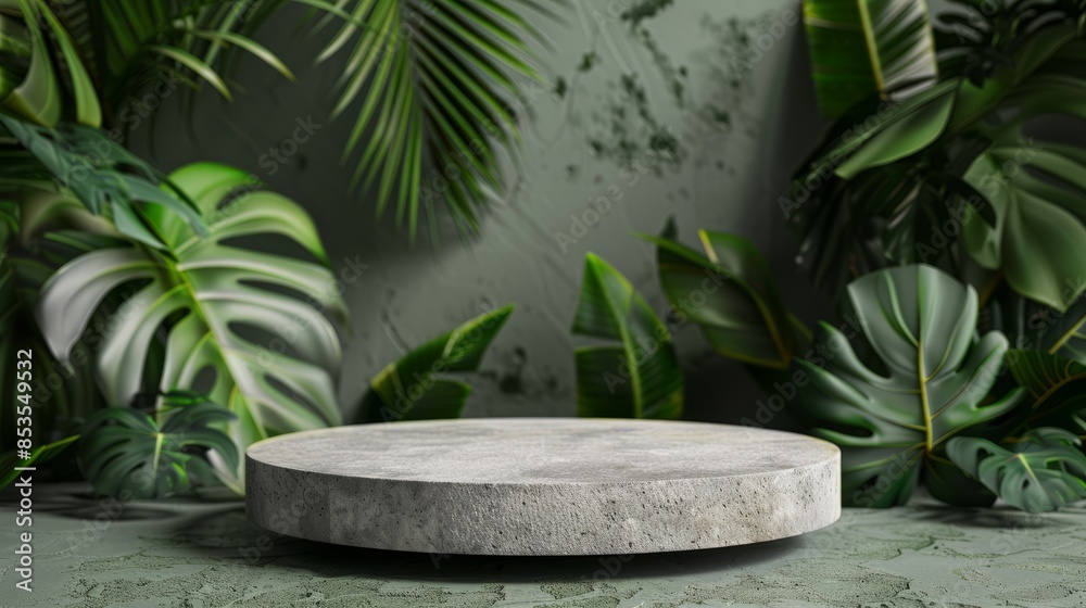 Round gray stone cosmetics product advertising podium stand with tropical leaves background. Empty natural stone pedestal platform to display beauty product. Mockup Round gray stone cosmetics product advertising podium stand with tropical leaves background. Empty natural stone pedestal platform to display beauty product. Mockup