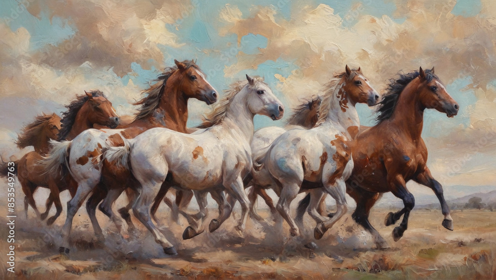 Abstract depiction of horses using thick layers of paint, blending vibrant colors and dynamic shapes to convey the essence and movement of these majestic creatures. The scene captures an imaginative a Abstract depiction of horses using thick layers of paint, blending vibrant colors and dynamic shapes to convey the essence and movement of these majestic creatures. The scene captures an imaginative a