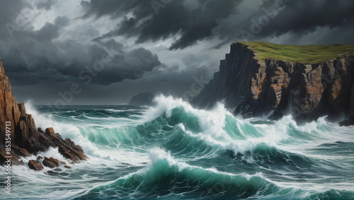 A dramatic oil painting of a stormy ocean with towering waves crashing against rugged cliffs, evoking raw power and beauty, Generative AI