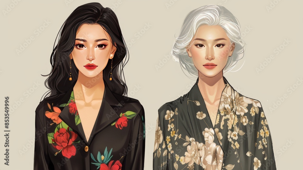 Asian fashion women, on the left is the youthful state of the woman, and on the right is the state of the woman becoming an elderly person, forming a contrast, with a realistic illustration style of t