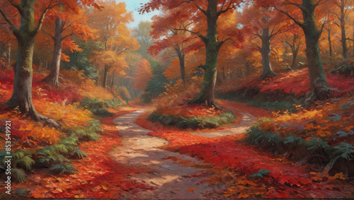 An enchanting oil painting of a lush forest path in autumn, with vibrant red and orange leaves carpeting the ground, Generative AI