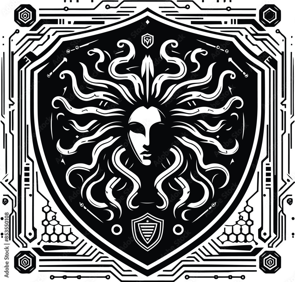 medusa silhouete with cyberpunk pattern illustration medusa silhouete with cyberpunk pattern illustration