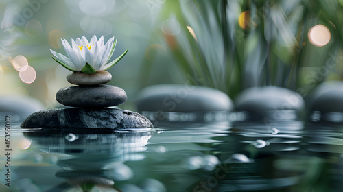 Spa still life with lotus and zen stone on water,bamboo background.ai generative