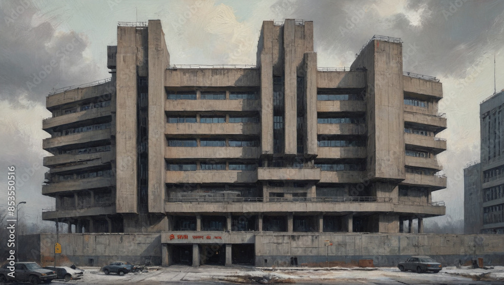 Austere Building An imposing oil painting with rich, textured layers depicting a ...