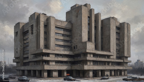 An imposing oil painting with rich, textured layers depicting a brutalist government building, emphasizing the austere and functional design elements, Generative AI