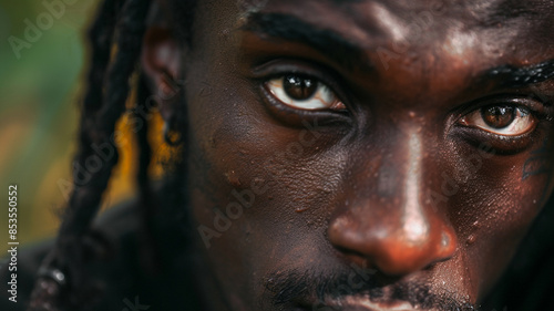 He stands in a rustic village market with wooden stalls and cobblestone paths, a man with dreadlocks and a beard is wearing a black jacket, the jacket rugged and worn, with signs of travel. 