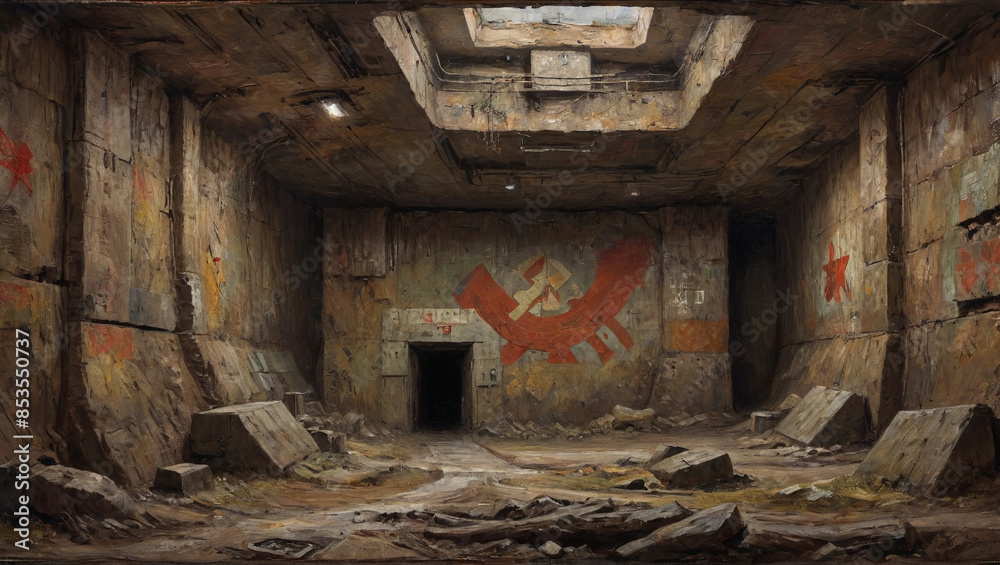 A bold oil painting with dense, layered paint depicting a Soviet-era underground bunker complex, highlighting its monumental scale and military functionality, Generative AI A bold oil painting with dense, layered paint depicting a Soviet-era underground bunker complex, highlighting its monumental scale and military functionality, Generative AI