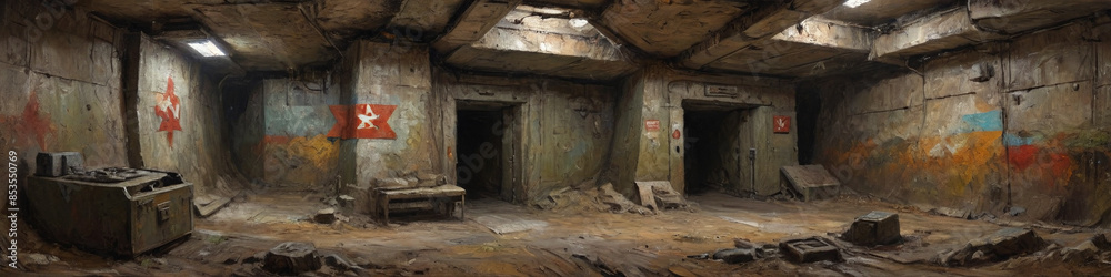 Obraz premium A bold oil painting with dense, layered paint depicting a Soviet-era underground bunker complex, highlighting its monumental scale and military functionality, Generative AI
