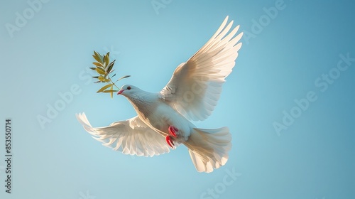 Wallpaper Mural A white dove with an olive branch in its beak flies against a clear blue sky Torontodigital.ca