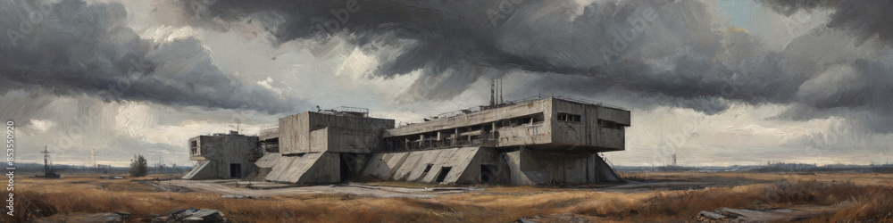 A dramatic oil painting with thick, textured layers depicting a sprawling Soviet-style atomic shelter complex in an open landscape, with angular concrete structures and expansive skies, Generative AI