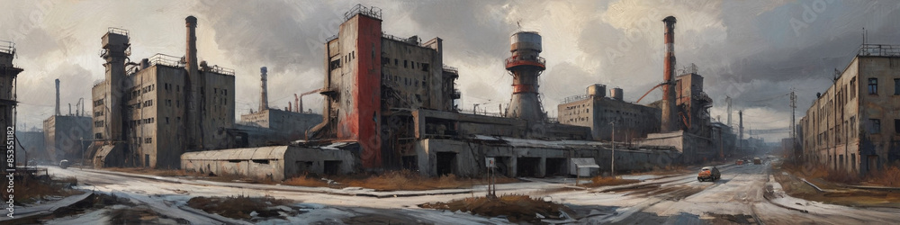 A striking oil painting with expressive, thick strokes of a sprawling, intimidating Soviet-era industrial complex with angular concrete forms and stark lighting, Generative AI A striking oil painting with expressive, thick strokes of a sprawling, intimidating Soviet-era industrial complex with angular concrete forms and stark lighting, Generative AI
