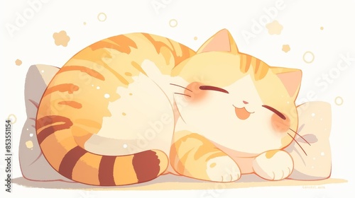 A cartoon cat is sleeping on a pillow