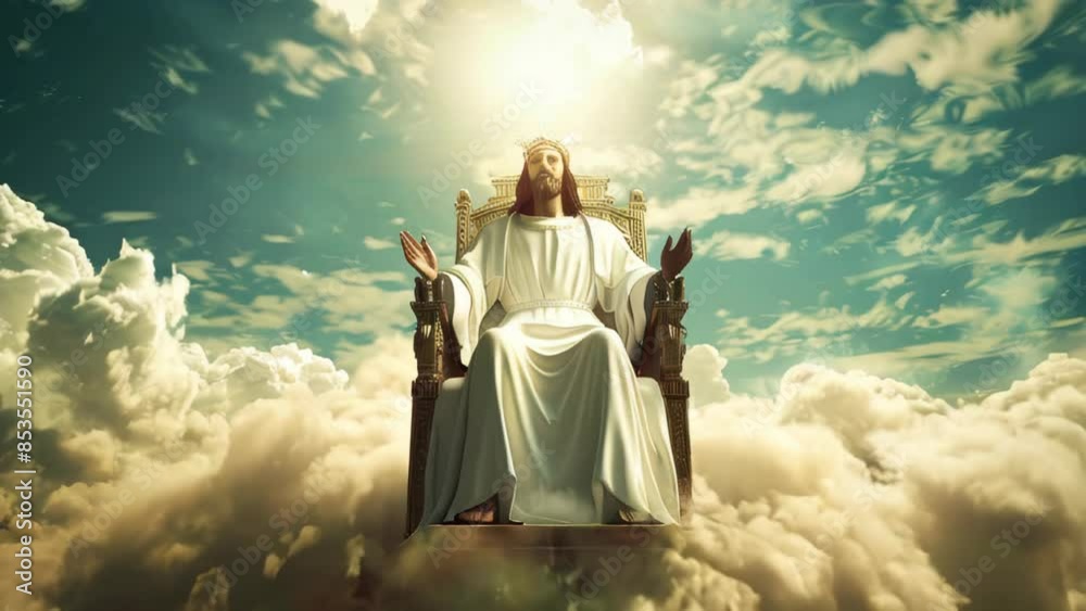 Jesus Christ sitting on a throne in heaven, surrounded by white clouds Jesus Christ sitting on a throne in heaven, surrounded by white clouds