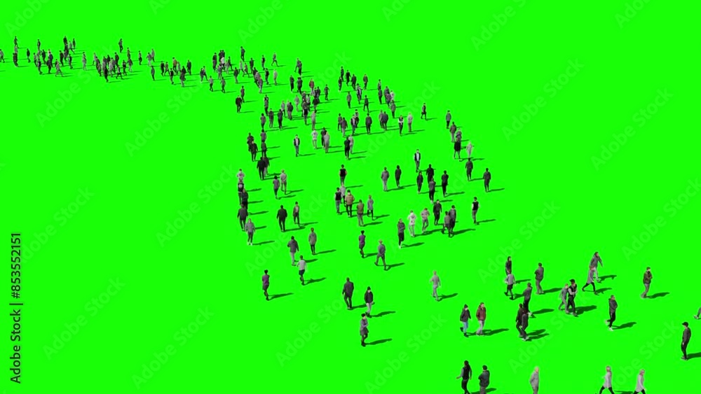 3D animation of a crowd of people walking down the street to visualize the visual effects of the chroma key green screen