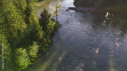 Aerial stationary shot of flowing Snoqualmie River in Evergreen forest  during golden hour in Washington State. photo