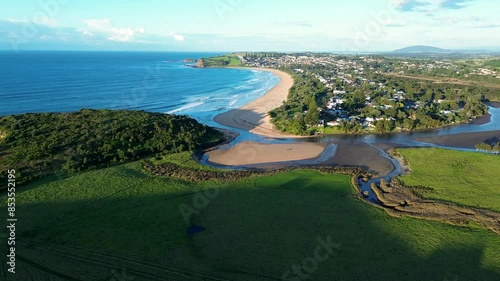 Landscape drone aerial of Werri Lagoon river system Gerringong sandy beach ocean main town suburbs Wollongong South Coast Australia travel tourism photo