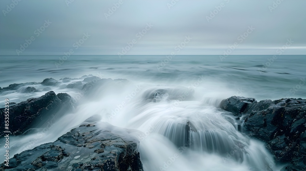 Misty Ocean Waves Crashing Against Rugged Coastal Rocks in Long Exposure Seascape Misty Ocean Waves Crashing Against Rugged Coastal Rocks in Long Exposure Seascape