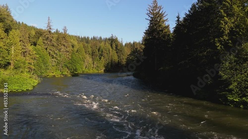 Scenic shot gliding over Snoqualmie River in Evergreen forest on a blue sky day in Washington State. photo