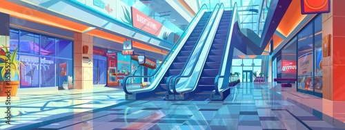 The interior of the lobby of the shopping center with an escalator and shops. cartoon illustration.
