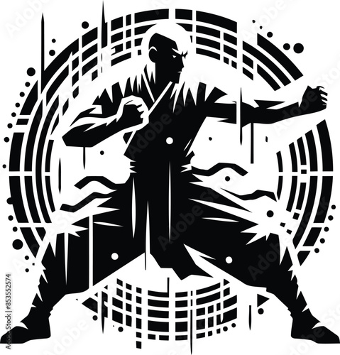 monk shaolin warrior silhouete with cyberpunk pattern illustration