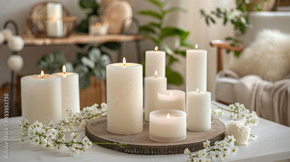 Home Interior Still Life With Several Candles On A White Wooden Table, High Quality, HD