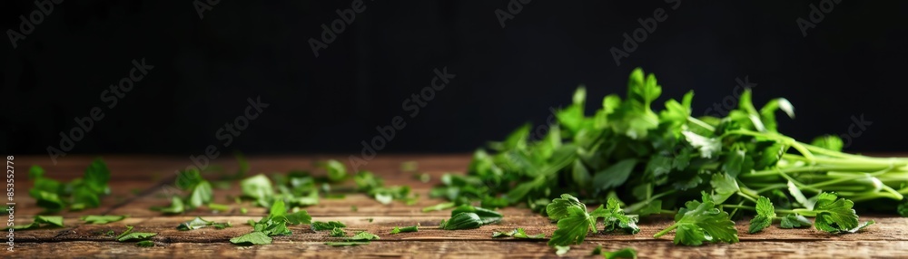 Fresh herbs being chopped on a wooden table, set against a black background, with studio flash capturing the sharpness and green hues, space for text Fresh herbs being chopped on a wooden table, set against a black background, with studio flash capturing the sharpness and green hues, space for text
