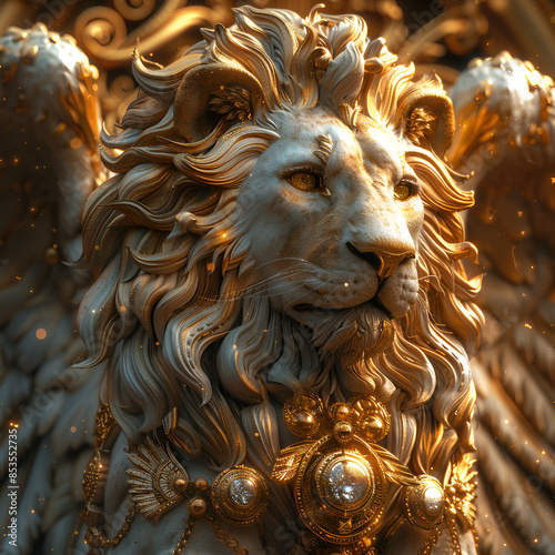 The idea of ​​​​designing a gilded lion statue used as a symbol for a city, symbol, stone, art, animal, statue, idea, design, lion, epic, myth, AI-generated.