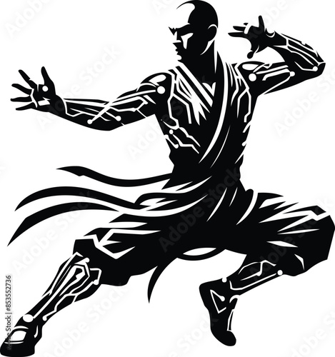 monk shaolin warrior silhouete with cyberpunk pattern illustration