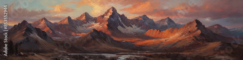 A dramatic oil painting of a towering mountain range at sunset, the thick, textured paint capturing the play of light and shadow on the rugged peaks, Generative AI