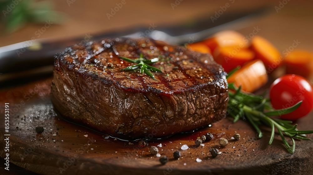 A perfectly cooked steak, juicy and tender, served with a side of vegetables and a steak knife A perfectly cooked steak, juicy and tender, served with a side of vegetables and a steak knife