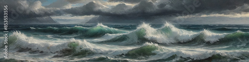 A mesmerizing oil painting of a stormy sea with churning waves, the thick layers of paint capturing the turbulent motion and dramatic energy of the ocean. Generative AI