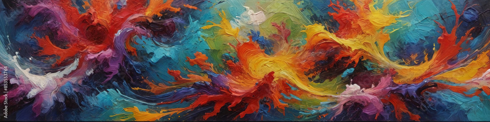 Obraz premium An abstract oil painting featuring bold, swirling patterns and vibrant colors, the thick layers of paint creating a dynamic and textured visual experience. Generative AI