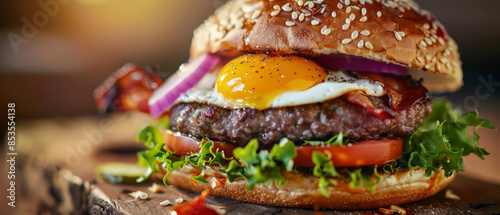 hamburger with wagyu, crispy bacon, chedar cheese, salad, tomatoe, fried egg and red onion photo