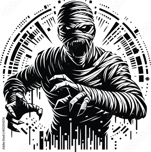 mummy silhouete with cyberpunk pattern illustration
