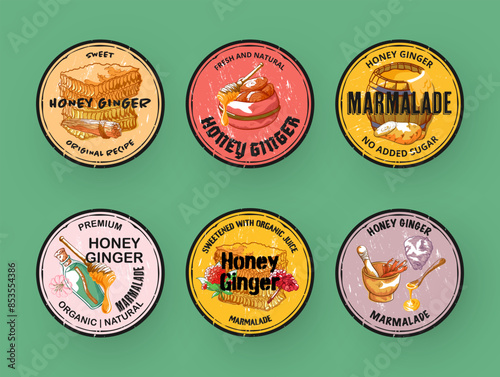 Honey ginger marmalade engraving vintage grunge texture round label design template set vector