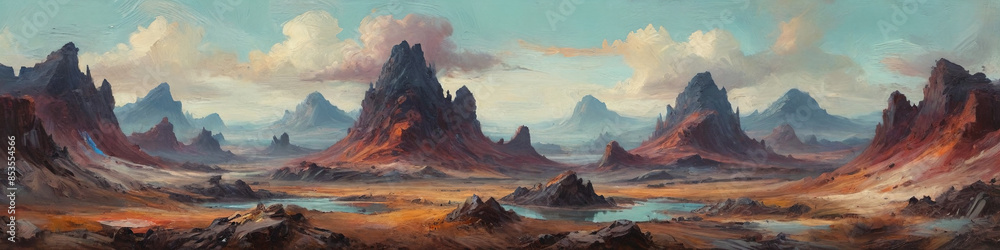 Fototapeta premium Bizarre landscapes filled with otherworldly forms take shape under heavy oil strokes, blurring the line between dream and reality, Generative AI