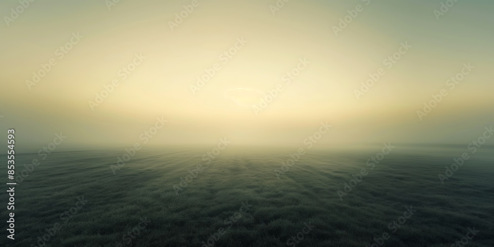 Fototapeta premium A vast field blanketed in fog with the sun faintly glowing through, creating a serene and mysterious atmosphere