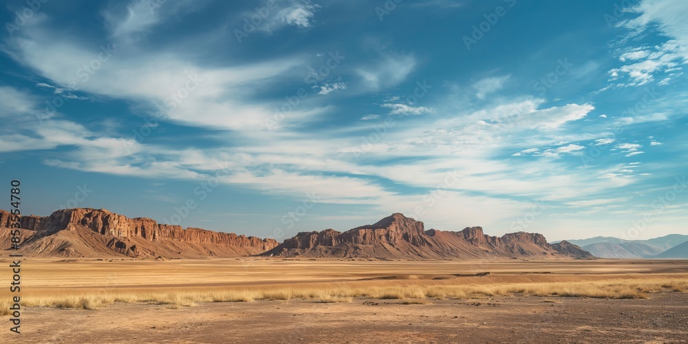 Fototapeta premium Expansive desert plain with a dramatic mountain range backdrop under a clear blue sky, epitomizing arid beauty