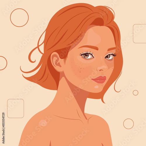 Vector portrait of a young beautiful red-haired girl with freckles on her face.

