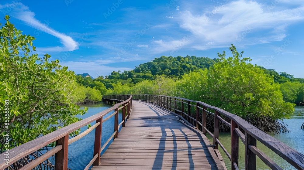 Fototapeta premium Stunning Wooden Walkway Winding Through Lush Mangrove Forest with Tranquil Waterfront View