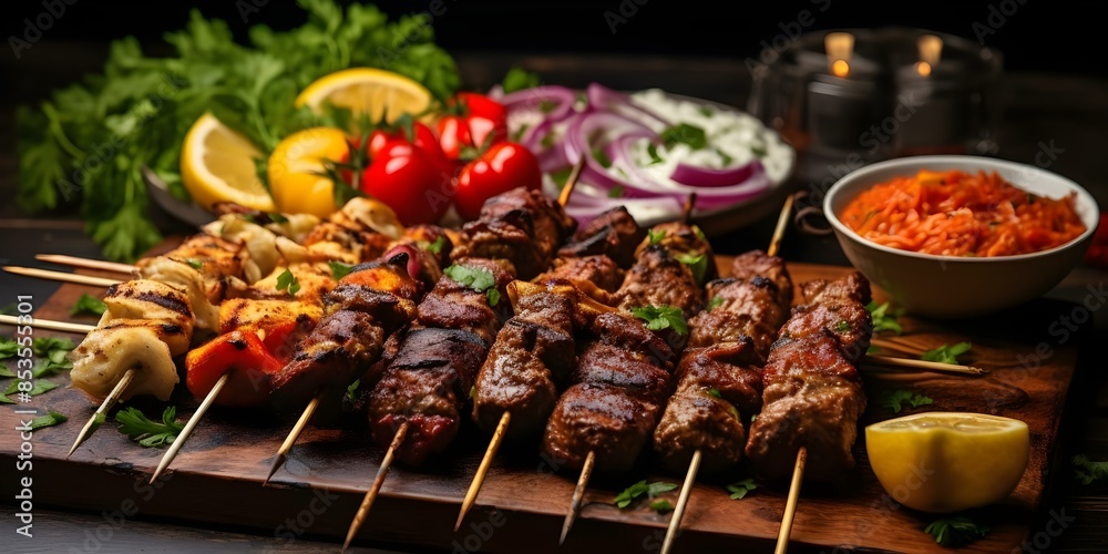 Traditional Arabic Grilled Dishes and Kebabs A Culinary Delight. Concept Middle Eastern Cuisine, Grilled Specialties, BBQ Flavors, Authentic Recipes, Delicious Kebabs Traditional Arabic Grilled Dishes and Kebabs A Culinary Delight. Concept Middle Eastern Cuisine, Grilled Specialties, BBQ Flavors, Authentic Recipes, Delicious Kebabs