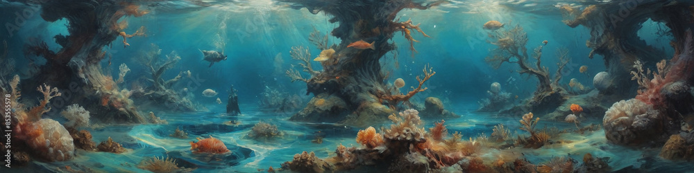Obraz premium A surreal underwater world unfolds through thick oil layers, depicting fantastical marine life and dreamlike seascapes that defy earthly logic, Generative AI