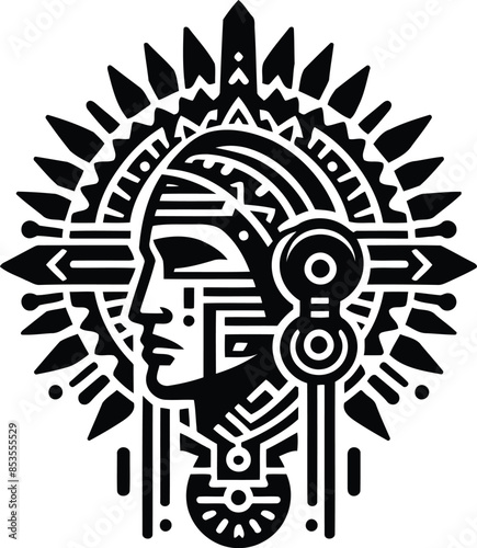 native america apache in silhouete with bohemian nature pattern illustration